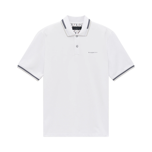 White polo shirt with black trim on a white background