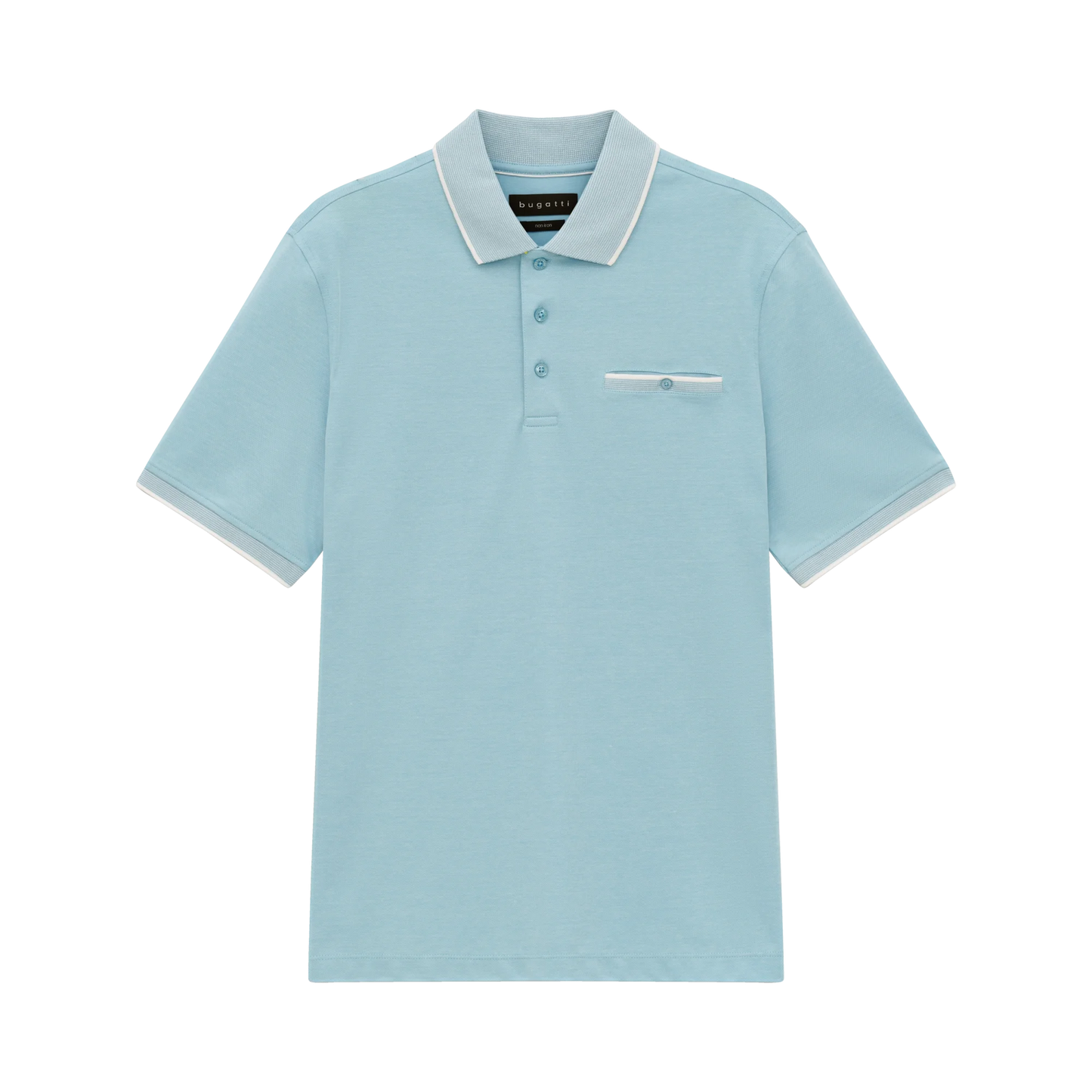 Light blue polo shirt with white collar on a white background