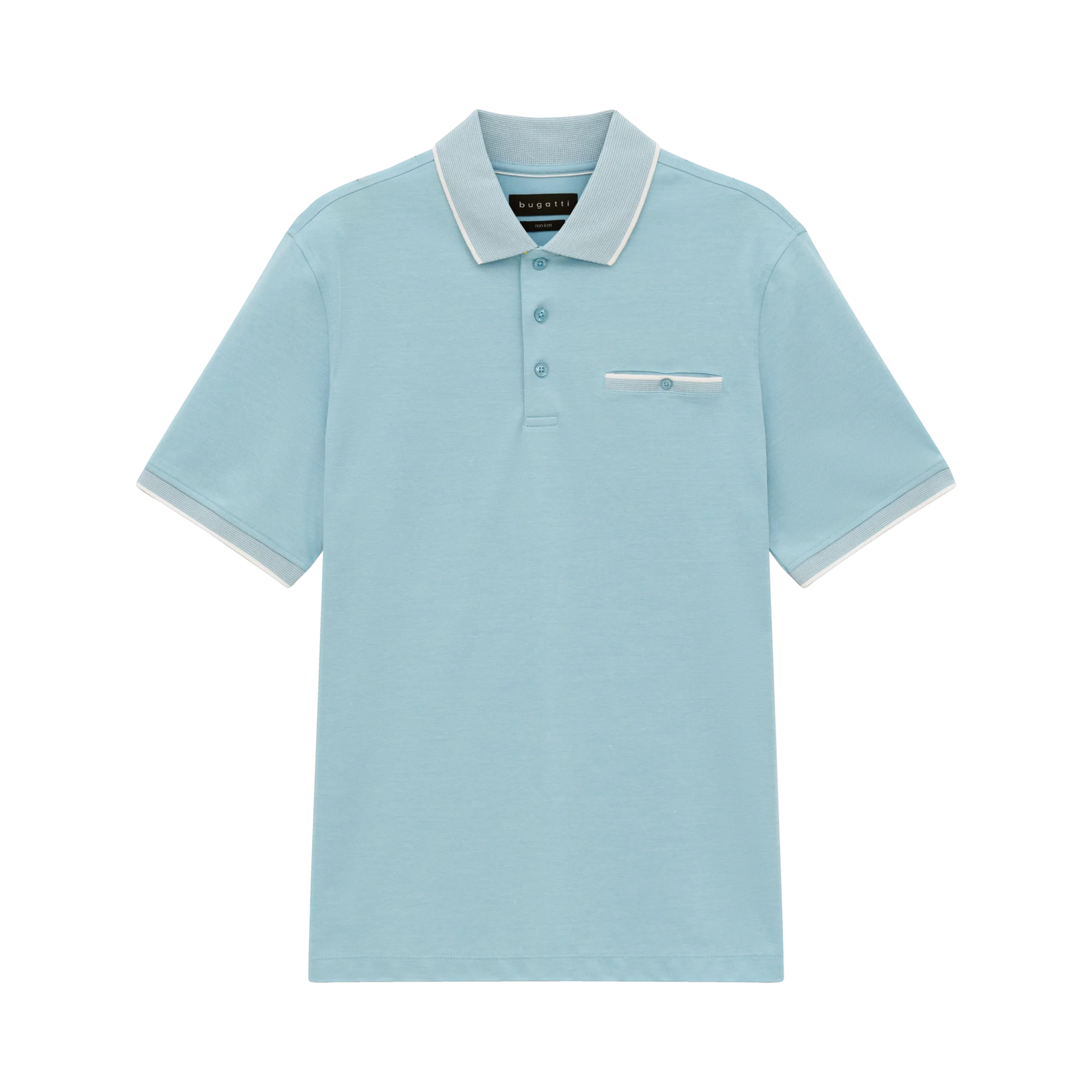 Light blue polo shirt with white collar on a white background