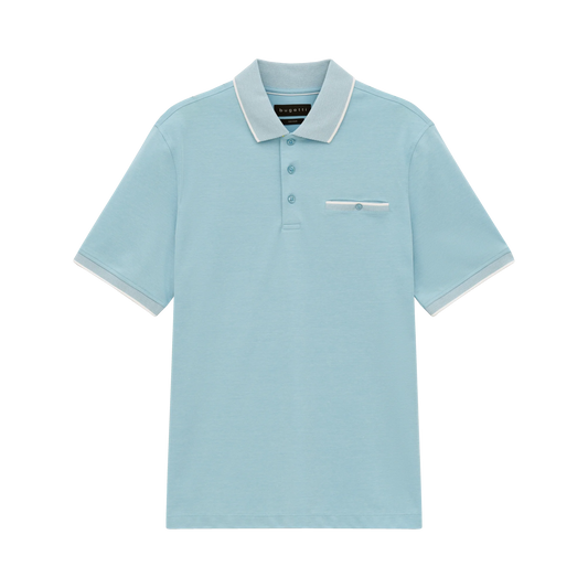 Light blue polo shirt with white collar on a white background