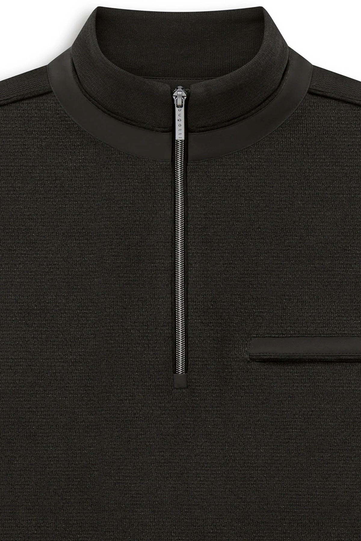 Close-up of a black textured quarter-zip pullover sweater with a ribbed mock neck collar and a silver zipper pull.