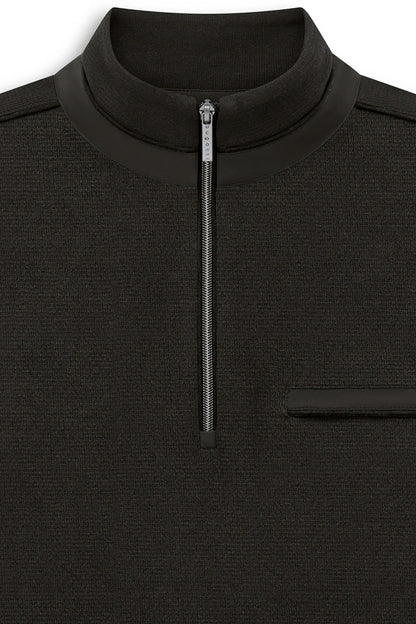 Close-up of a black textured quarter-zip pullover sweater with a ribbed mock neck collar and a silver zipper pull.