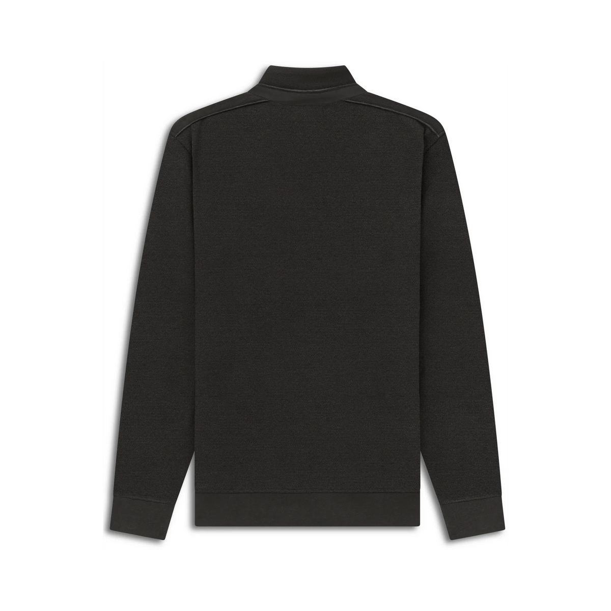 A black long-sleeve mock neck pullover sweatshirt shown from the back, laid flat against a solid white background.