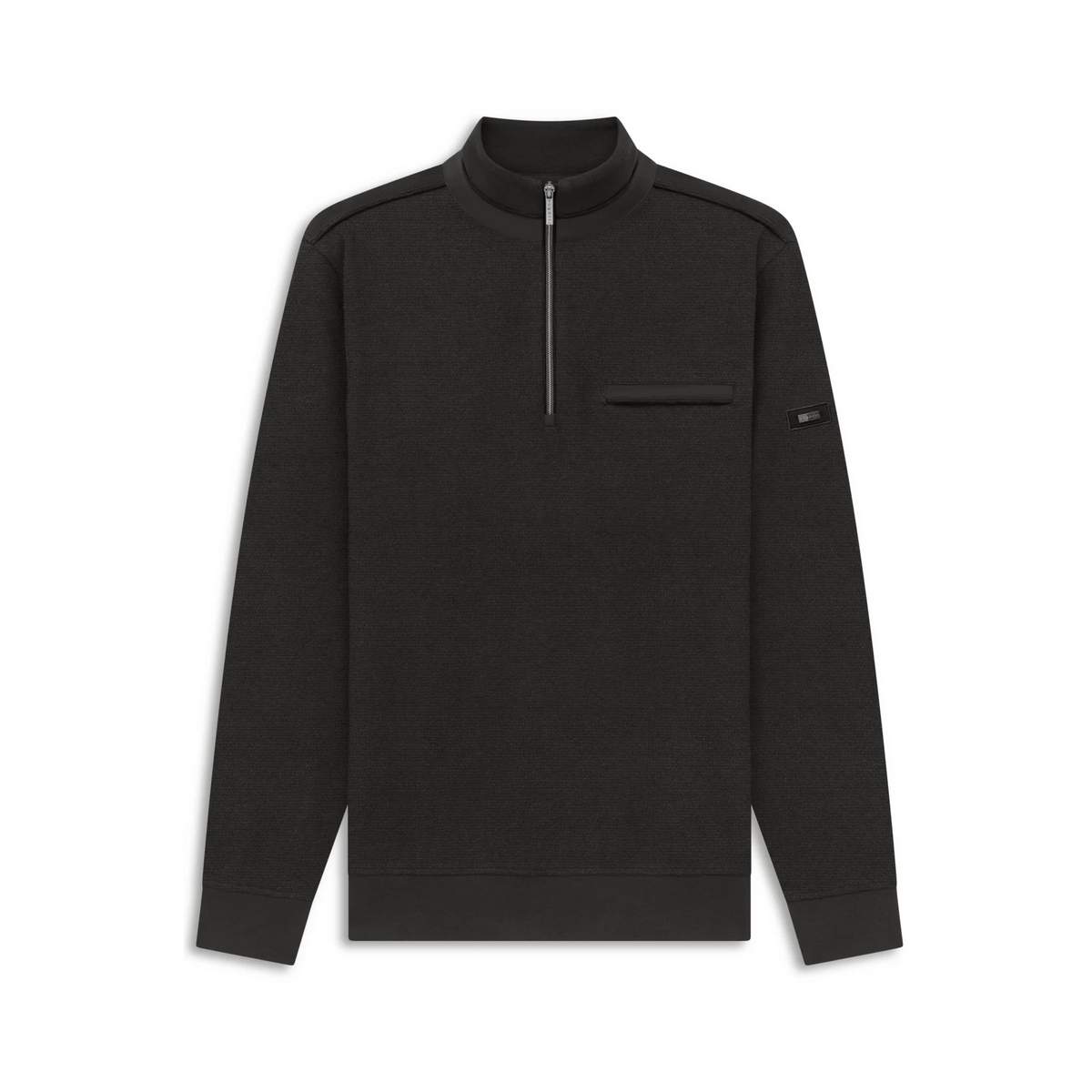 A black long-sleeve quarter-zip pullover sweatshirt with a mock neck, a horizontal chest pocket, and shoulder detailing, shown on a plain white background.