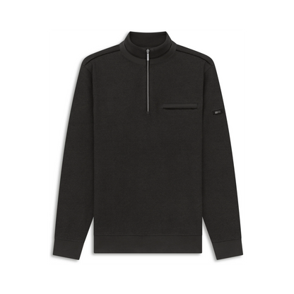 A black long-sleeve quarter-zip pullover sweatshirt with a mock neck, a horizontal chest pocket, and shoulder detailing, shown on a plain white background.