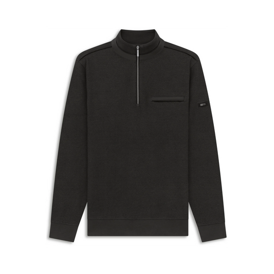 A black long-sleeve quarter-zip pullover sweatshirt with a mock neck, a horizontal chest pocket, and shoulder detailing, shown on a plain white background.