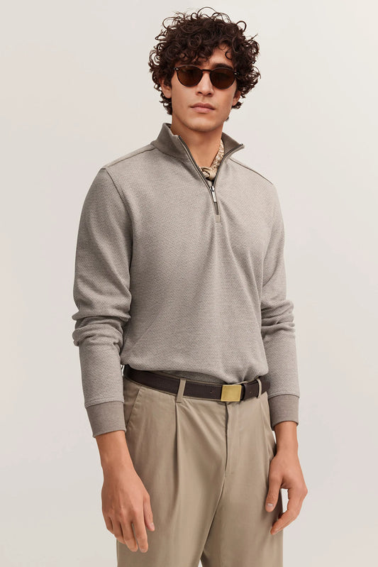 Man wearing a gray half-zip sweater and beige pants against a plain background