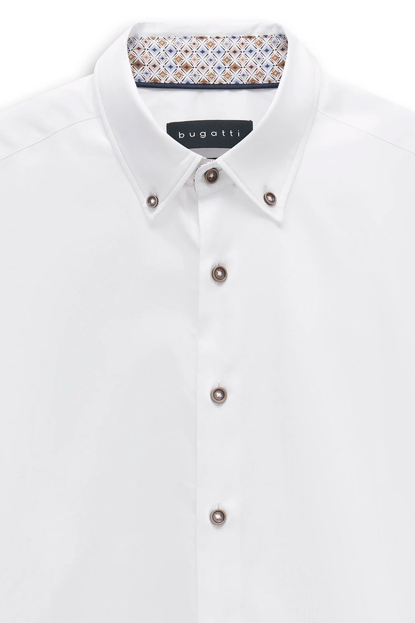 A close-up of a white Bugatti button-down shirt with distinctive metallic buttons and a patterned inner collar lining.