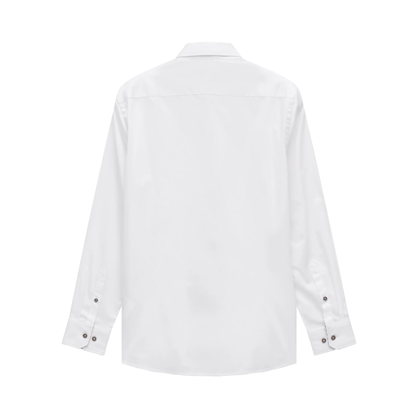 A white long-sleeve button-up shirt shown from the back, featuring a classic collar and buttoned cuffs, displayed on a clean white background.