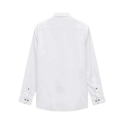 A white long-sleeve button-up shirt shown from the back, featuring a classic collar and buttoned cuffs, displayed on a clean white background.