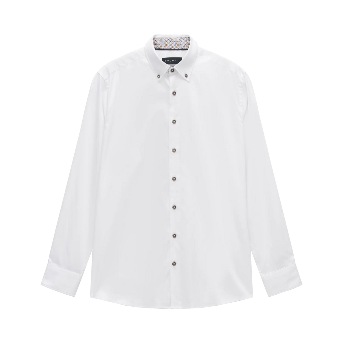 A white long-sleeve button-down shirt with a pointed collar and dark buttons, displayed flat against a solid white background.