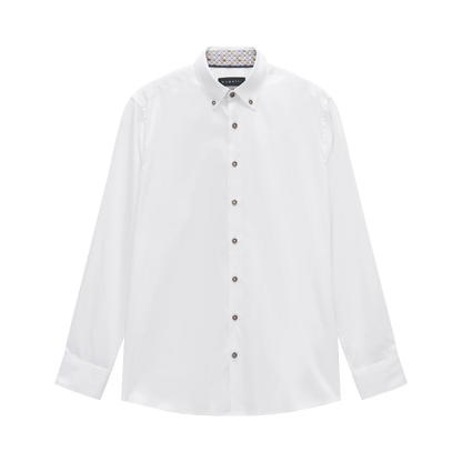 A white long-sleeve button-down shirt with a pointed collar and dark buttons, displayed flat against a solid white background.