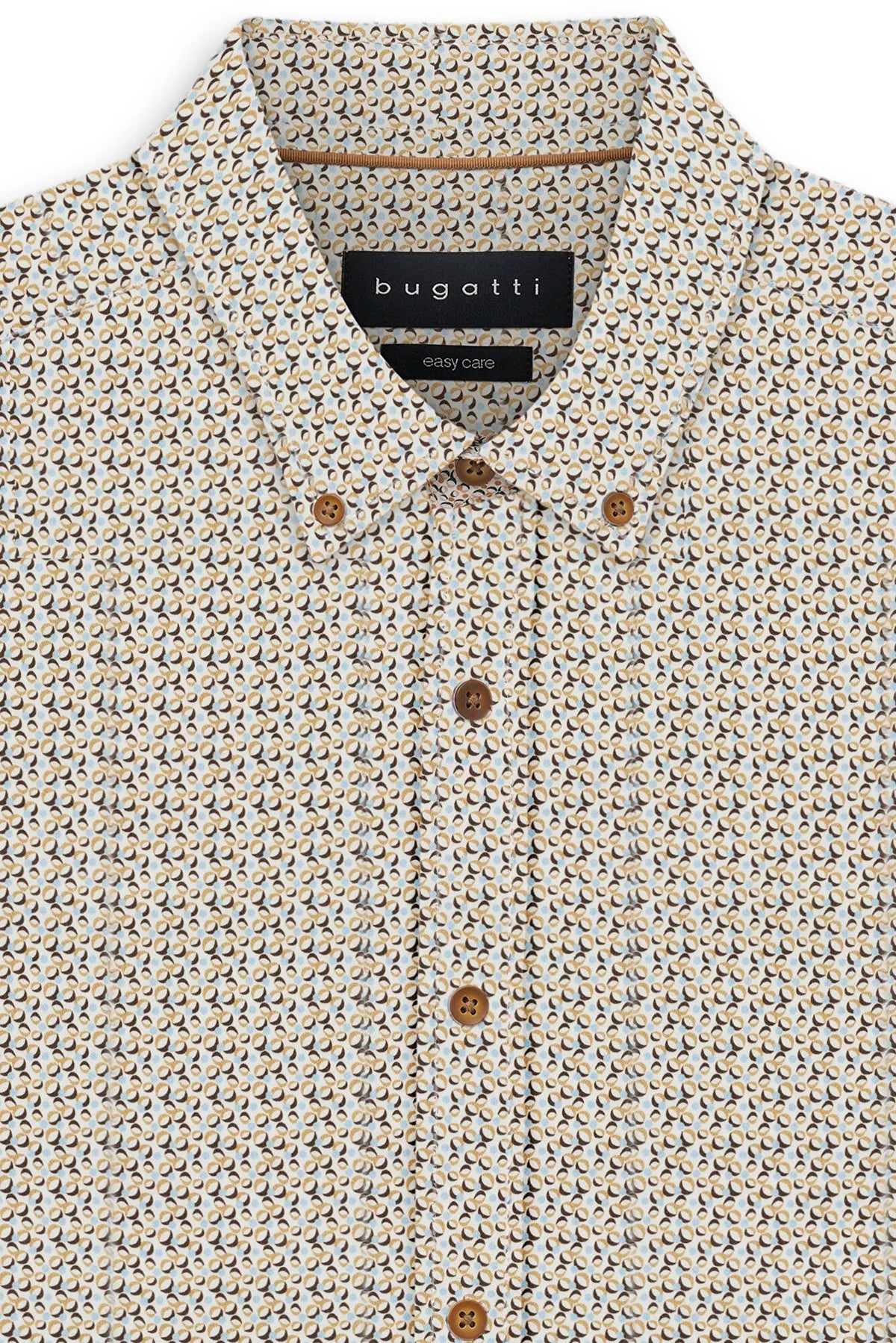 Close-up of a Bugatti shirt with a beige base and a dense, small-scale multicolor print of birds and flowers, featuring brown buttons and a black neck label.