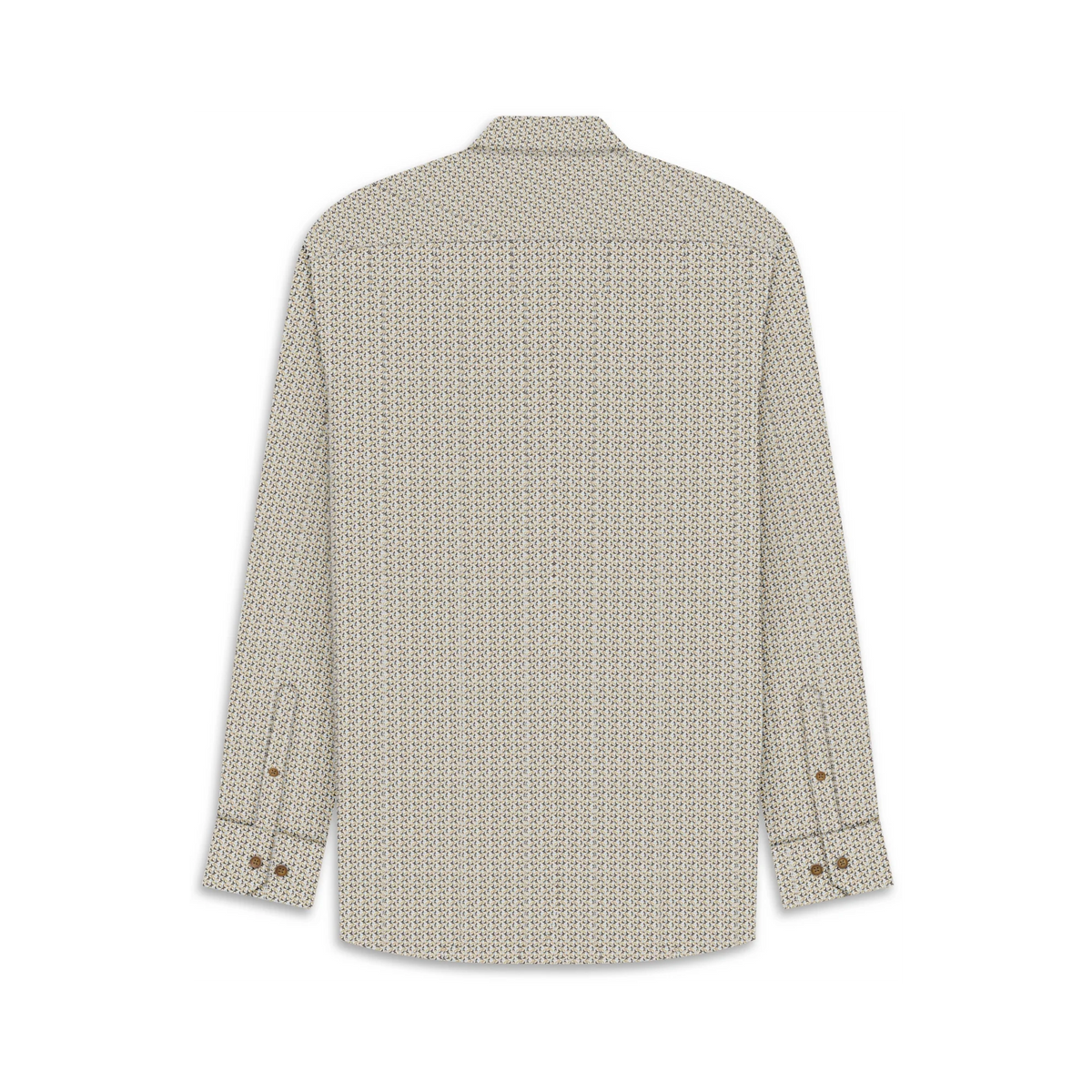 The back view of a long-sleeve button-up shirt featuring a dense, small-scale geometric pattern in beige and brown tones, displayed on a clean white background.