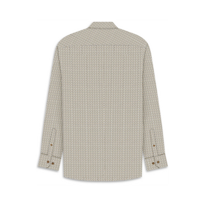 The back view of a long-sleeve button-up shirt featuring a dense, small-scale geometric pattern in beige and brown tones, displayed on a clean white background.
