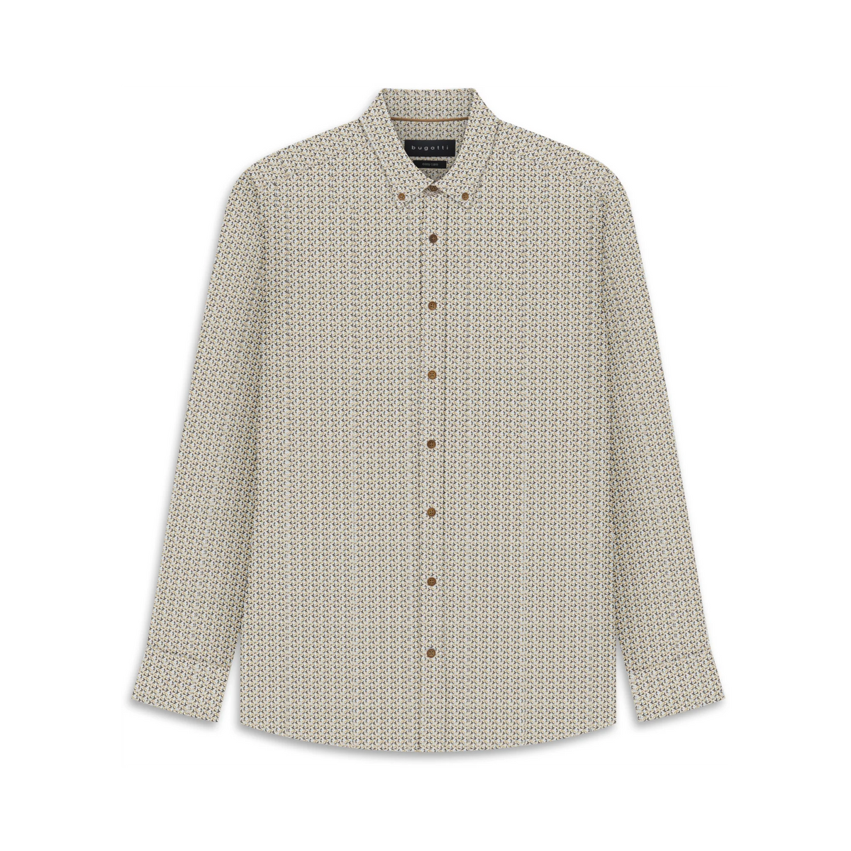 A long-sleeve button-up shirt by Brunello Cucinelli, featuring a beige and brown geometric pattern, displayed on a clean white background.