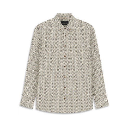 A long-sleeve button-up shirt by Brunello Cucinelli, featuring a beige and brown geometric pattern, displayed on a clean white background.