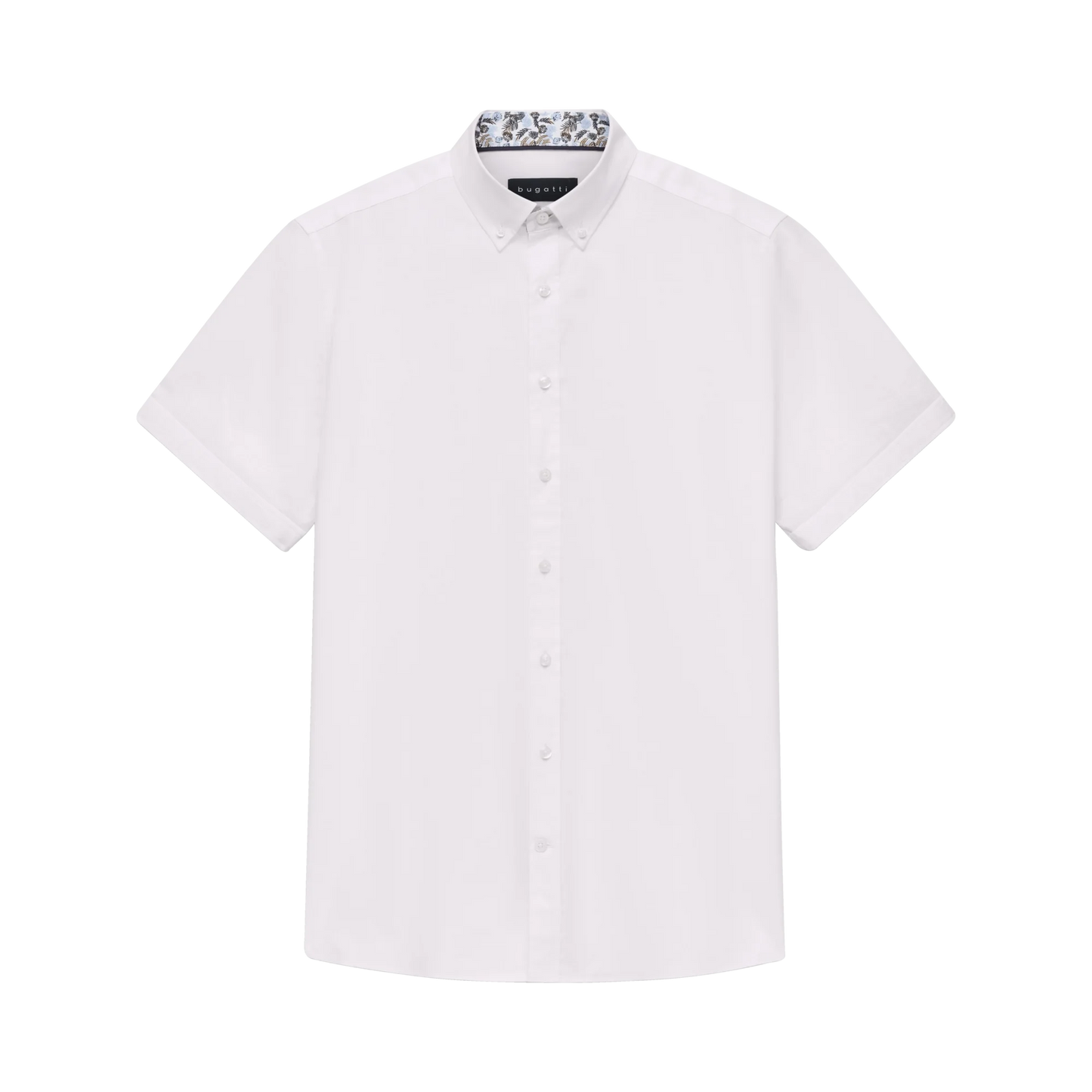 White short-sleeve shirt with a patterned collar on a white background