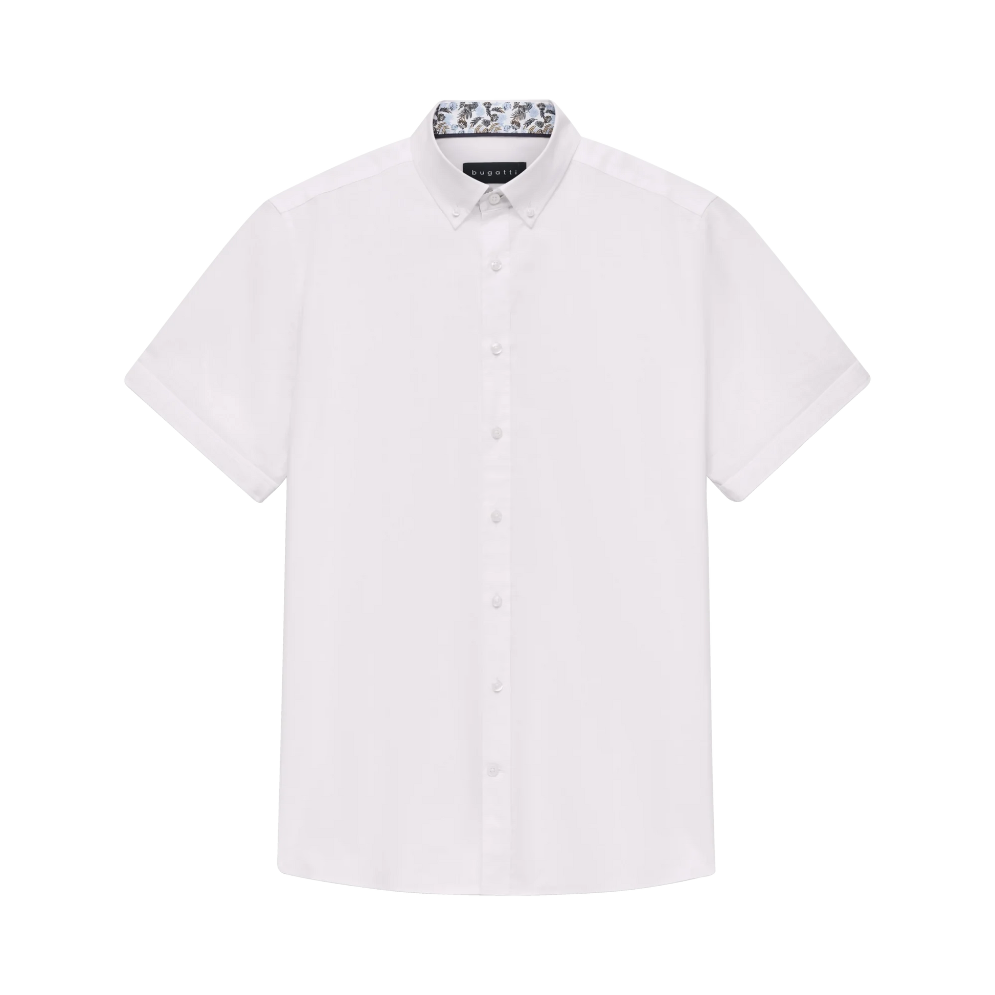 White short-sleeve shirt with a patterned collar on a white background