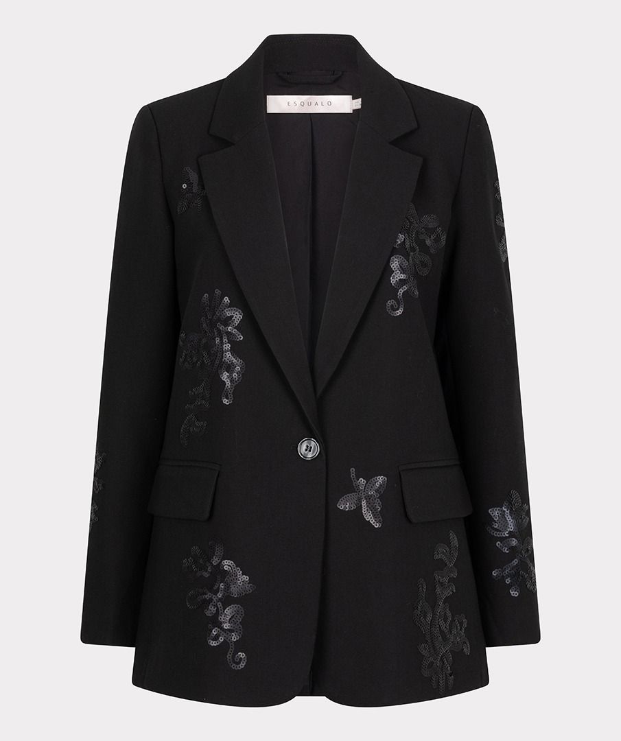 Black blazer with floral embroidery on a white background
