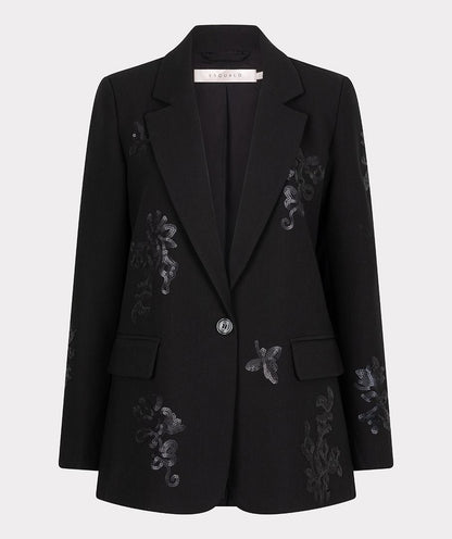 Black blazer with floral embroidery on a white background