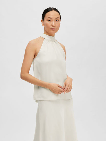 Selected Femme Satin Halter Neck Top - Cream