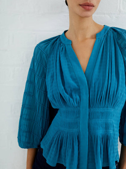 French Connection Cora Pleated Smock Top - Mosaic Blue